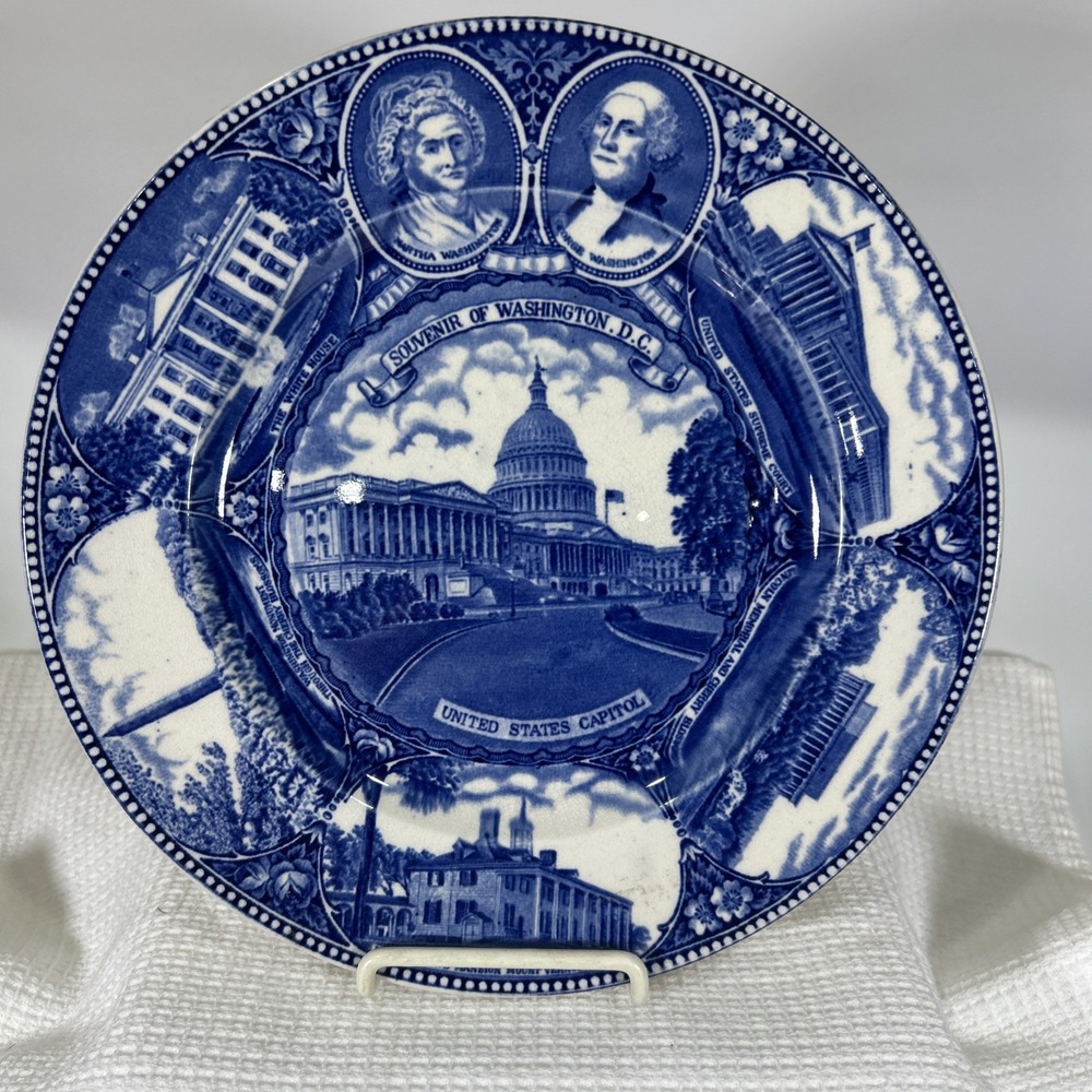 Vintage The Washington Plate by Old English Staffordshire Ware Blue White 1950